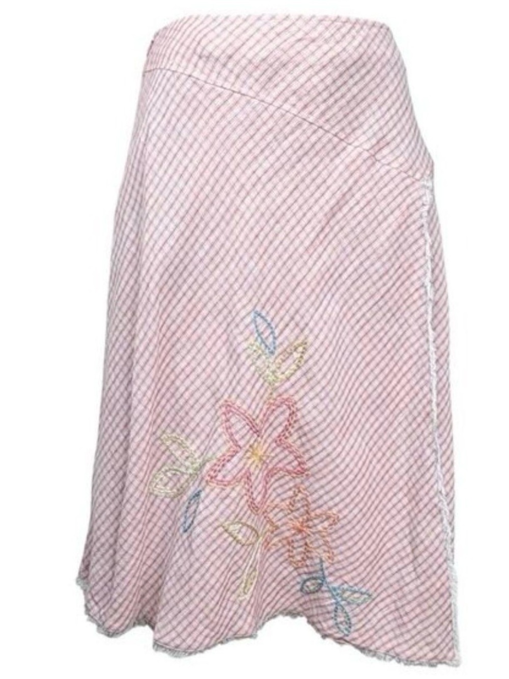 J Jill Pink Striped Linen A-Line Skirt with Floral Embroidery - Boho Chic 8P